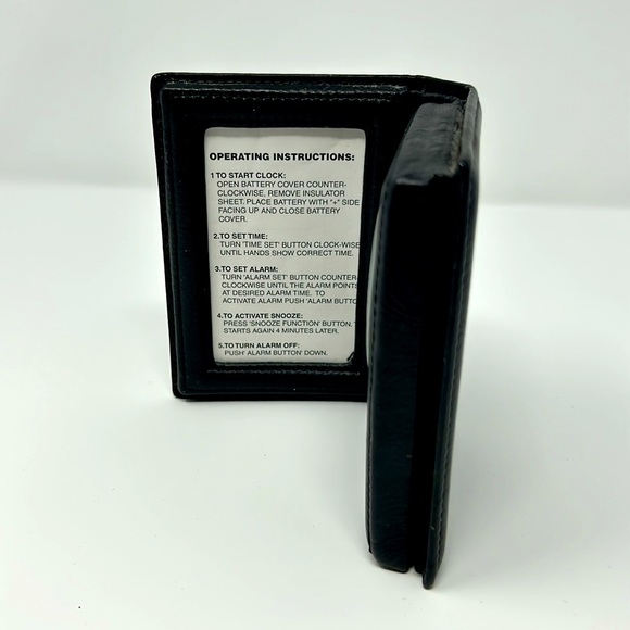 Pottery Barn folding black leather travel alarm clock w/photo frame - Picture 4 of 6